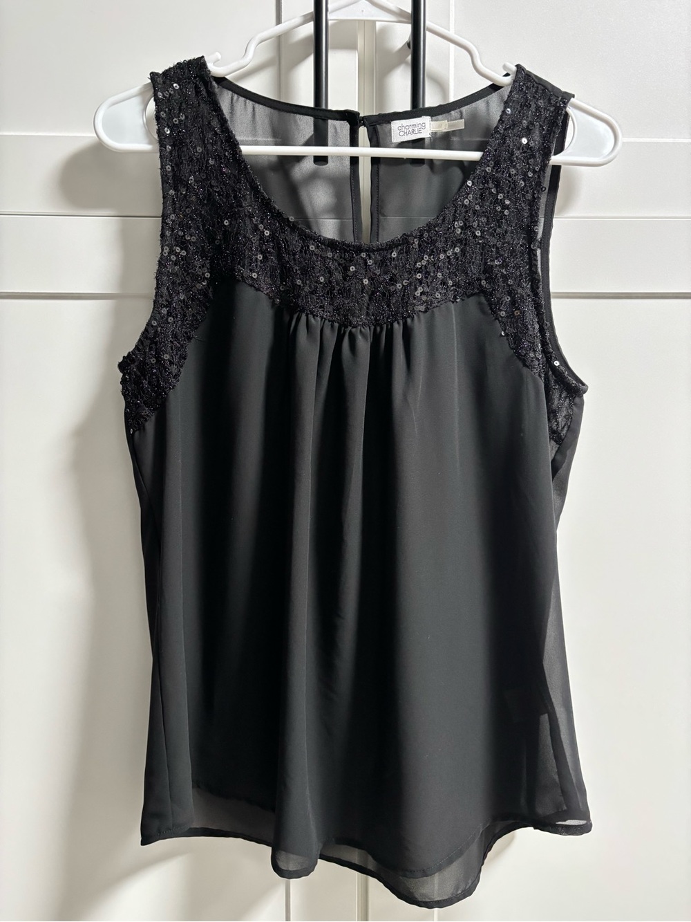 Charming Charlie Black Sheer Tank Top with Sequin Yoke